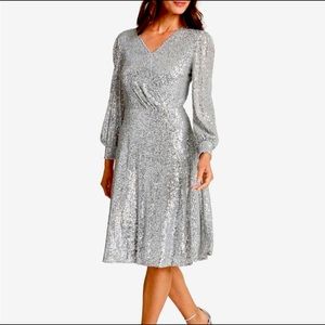 Gorgeous Tahari long sleeve silver sequins dress, brand new, with tag. Size 4.